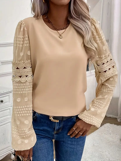 Damen Eyelet Bestickte Crew Neck Bluse, Elegante Langarm Bluse