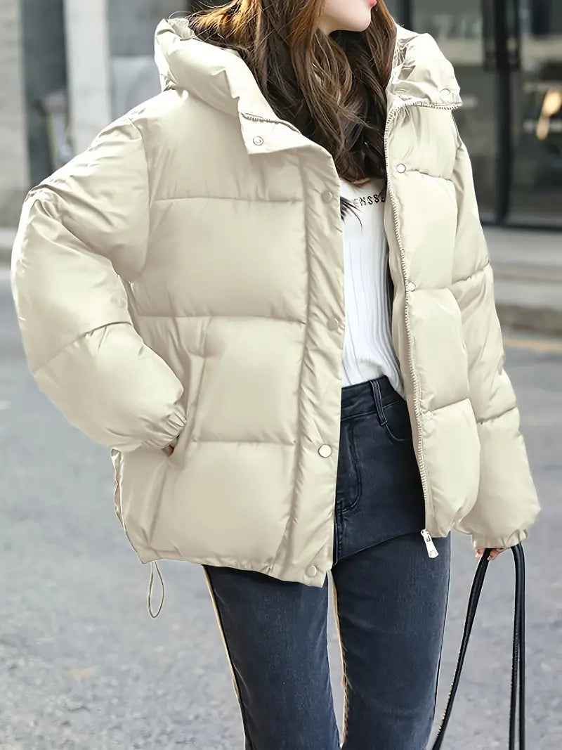 Lässige Winter-Daunenjacke für Damen mit Kapuze, einfarbig