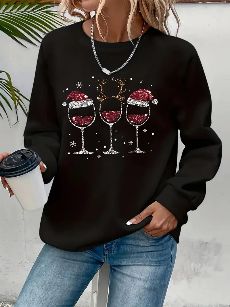 Weihnachtspullover für Damen mit Weinglas und Weihnachtsmannmütze
