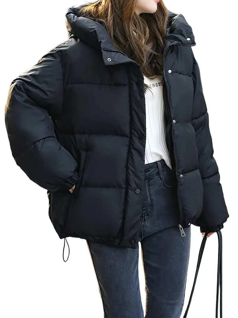 Lässige Winter-Daunenjacke für Damen mit Kapuze, einfarbig