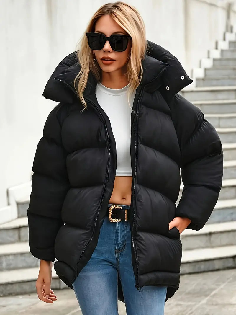 Elegante schwarze Kapuzen-Pufferjacke für Frauen - dicker, warmer Wintermantel