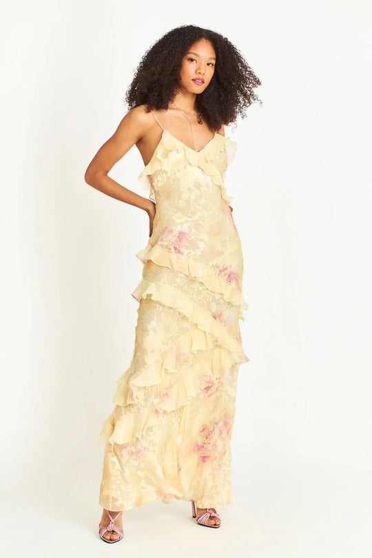 Damen Elegantes Pastellfarbenes Rüschen-Hochzeitsgastkleid | Maxi