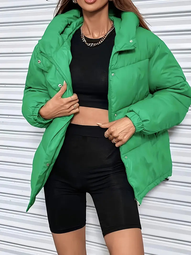 Lässige Winter-Daunenjacke für Damen mit Kapuze, einfarbig