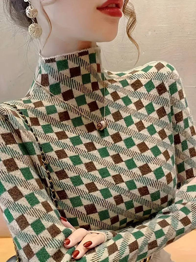 Eleganter Damenstrickpullover - Hoher Ausschnitt, Color Block