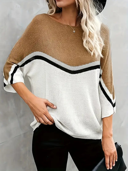 Damen Color Block Pullover – Boatneck, Lässiger Langarm