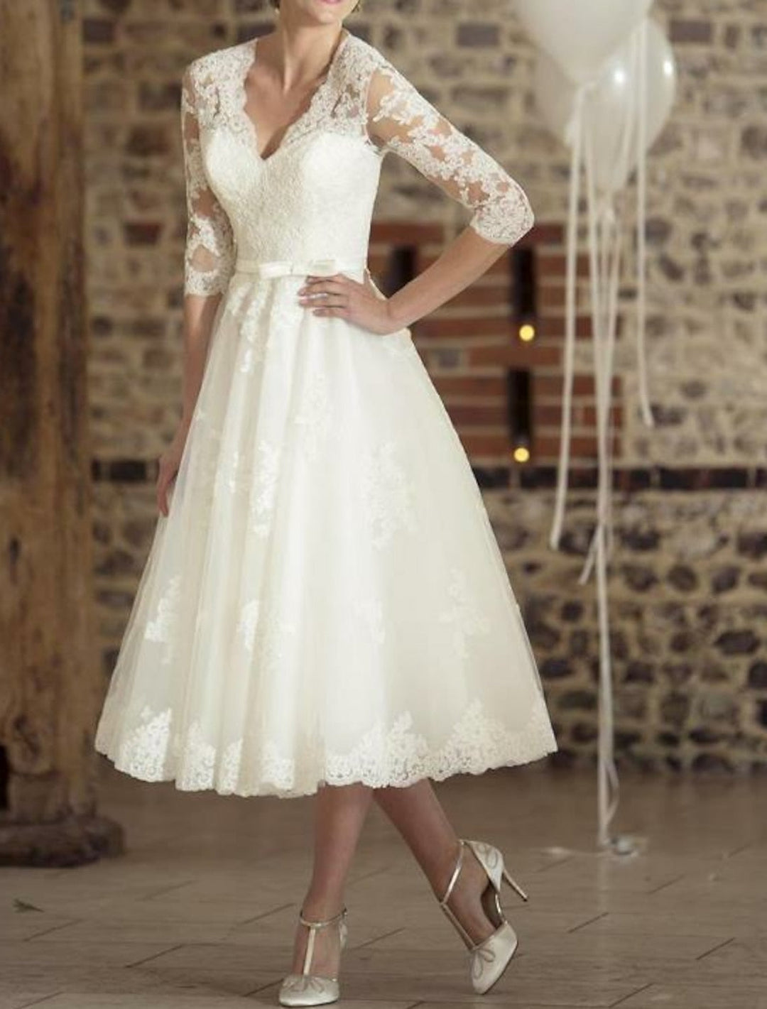 Damen Lange Ärmel V-Ausschnitt Brautkleid | Midi