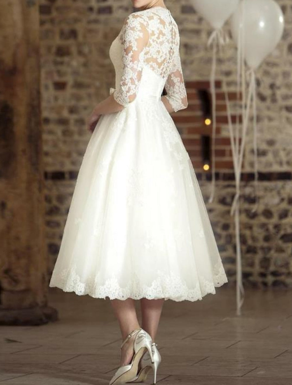 Damen Lange Ärmel V-Ausschnitt Brautkleid | Midi