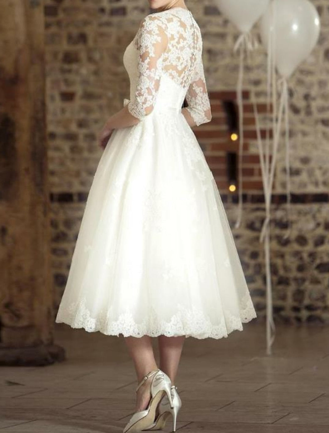 Damen Lange Ärmel V-Ausschnitt Brautkleid | Midi