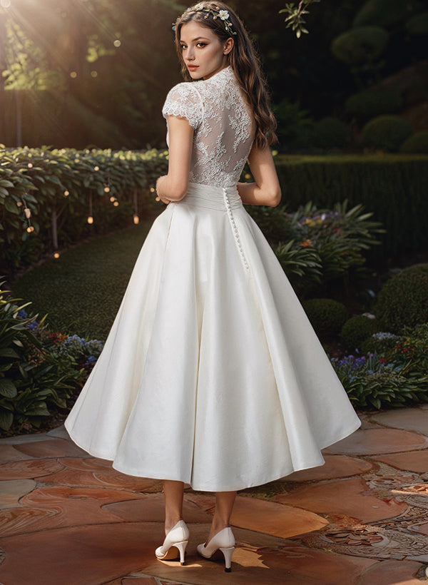 Damen V-Ausschnitt Kurze Ärmel Brautkleid | Midi