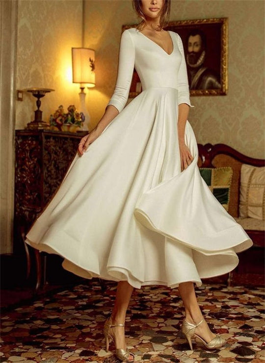 Damen Klassischer V-Ausschnitt A-Linie Brautkleid | Midi
