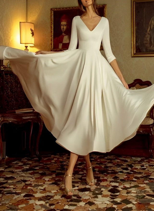 Damen Klassischer V-Ausschnitt A-Linie Brautkleid | Midi