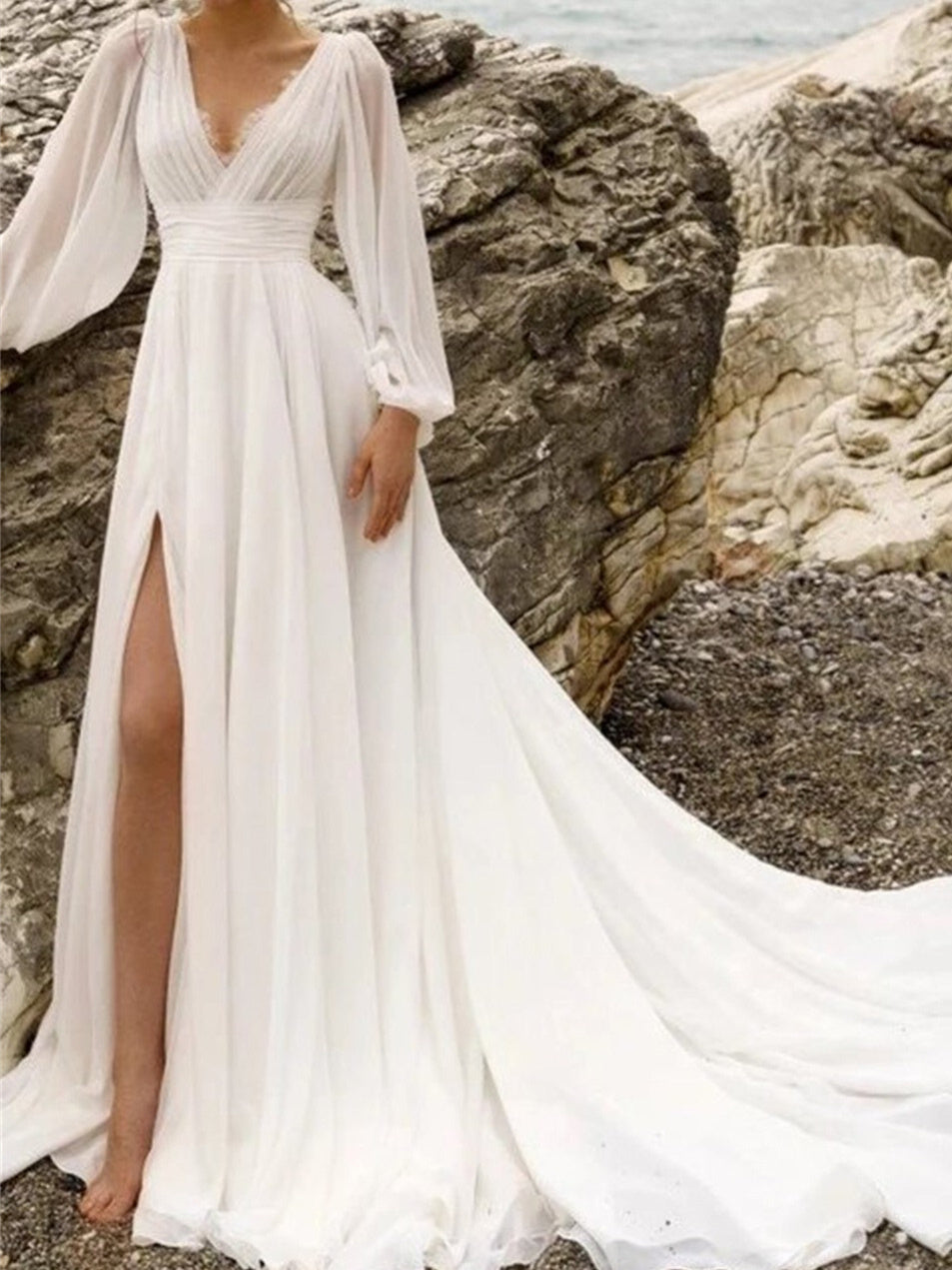 Damen Langärmelig mit Schlitz Brautkleid | Maxi