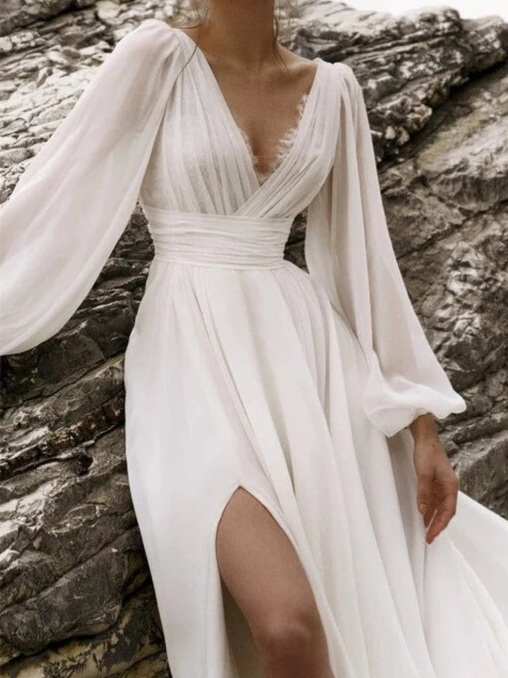 Damen Langärmelig mit Schlitz Brautkleid | Maxi