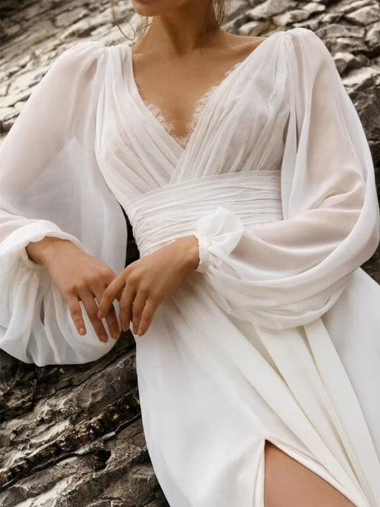 Damen Langärmelig mit Schlitz Brautkleid | Maxi