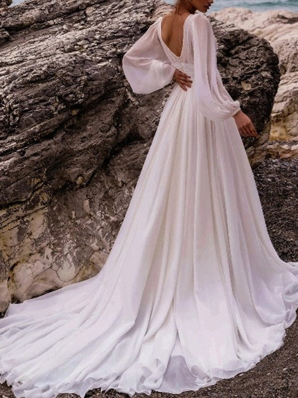 Damen Langärmelig mit Schlitz Brautkleid | Maxi