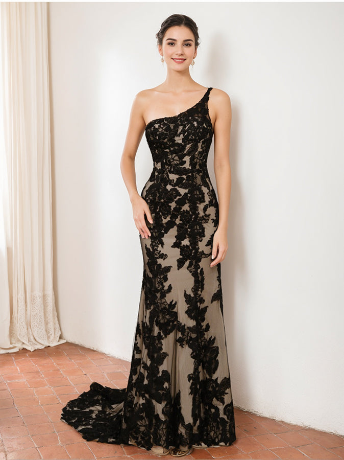 Schwarz Ein-Schulter-Brautkleid für Damen | Maxi