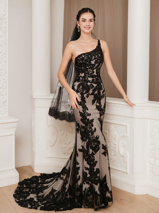 Schwarz Ein-Schulter-Brautkleid für Damen | Maxi