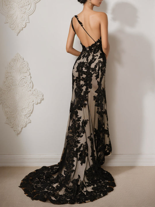 Schwarz Ein-Schulter-Brautkleid für Damen | Maxi