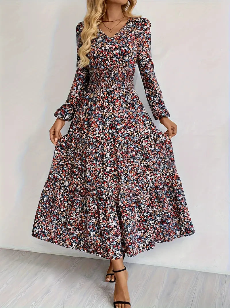 Elegantes Blumenkleid mit V-Ausschnitt – Langarm, Hoher Taillen-A-Linie