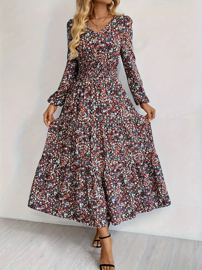 Elegantes Blumenkleid mit V-Ausschnitt – Langarm, Hoher Taillen-A-Linie