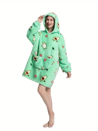Damen Übergröße Avocado Print Winter Weich Bequem Plüsch Kapuzenpullover