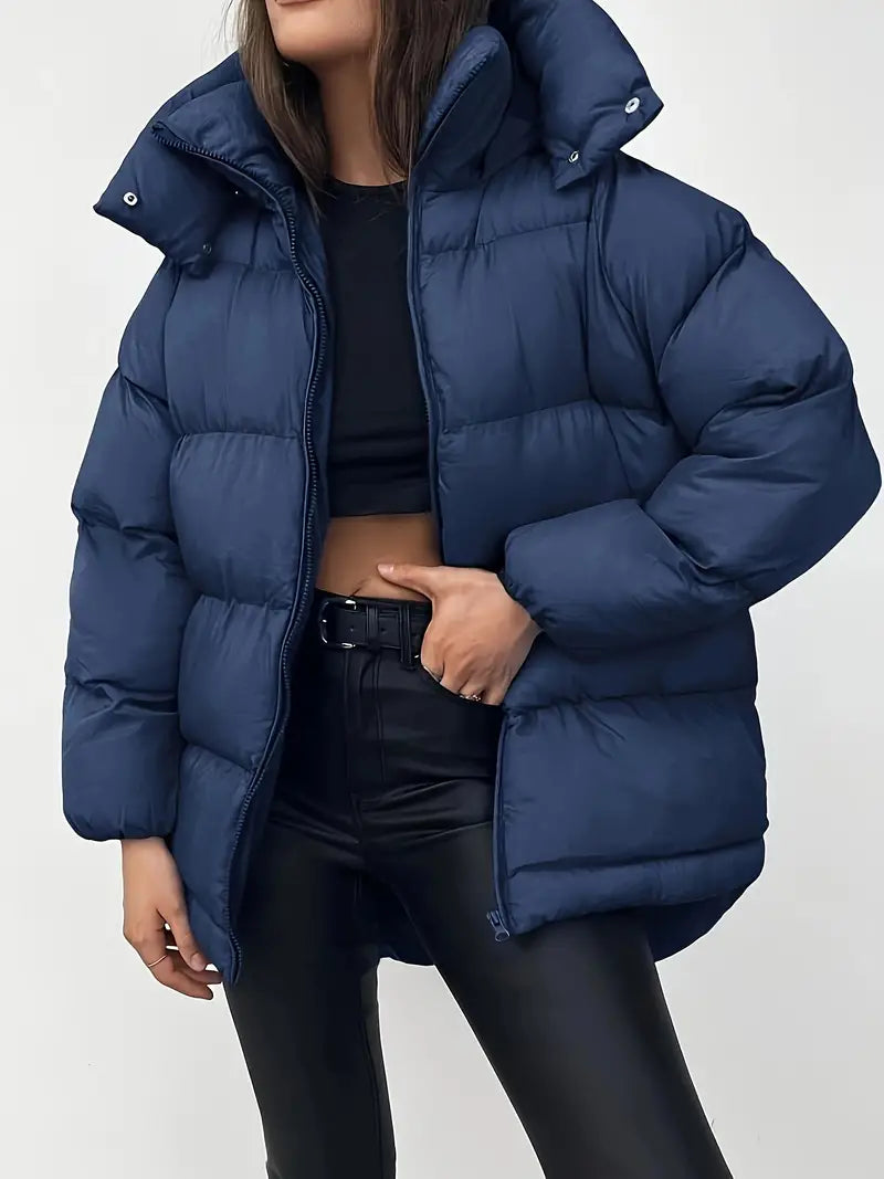 Elegante schwarze Kapuzen-Pufferjacke für Frauen - dicker, warmer Wintermantel
