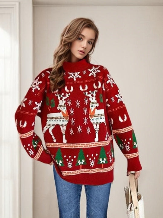 Rentier-Schneeflocke und Baum-Druck Weihnachtspullover Damen | Langarm