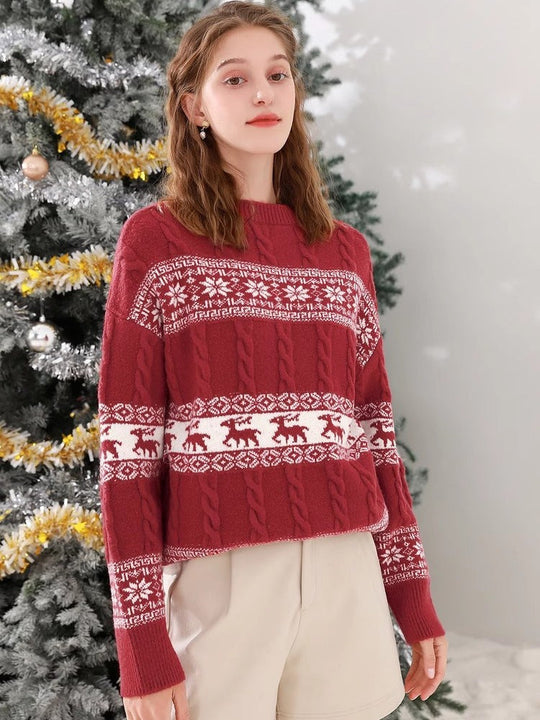 Strick Weihnachtspullover Damen | Rentier und Schneeflockendruck