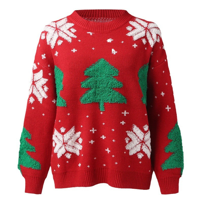 Festlicher Weihnachtspullover Damen mit grünem Baum- und Schneeflockendesign | Strick