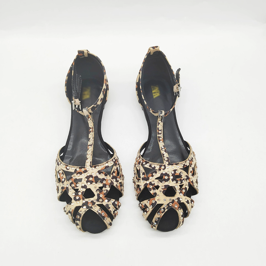 Damen Strass Dekor flache Sandalen, Geschlossene Zehe Hollow Out T-strap