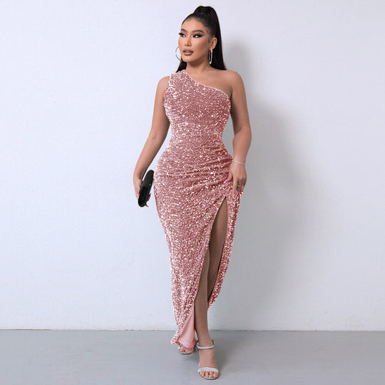Damen Ein Schulter Paillettenkleid Mit Hohem Schlitz | Maxi