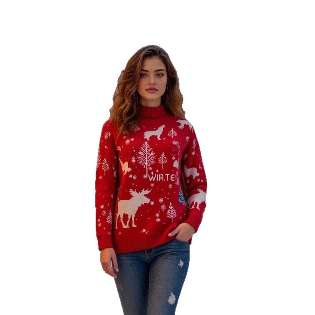 Rollkragen-Winter Weihnachtspullover Damen mit Rentier und Schneeflocken-Design | Strick