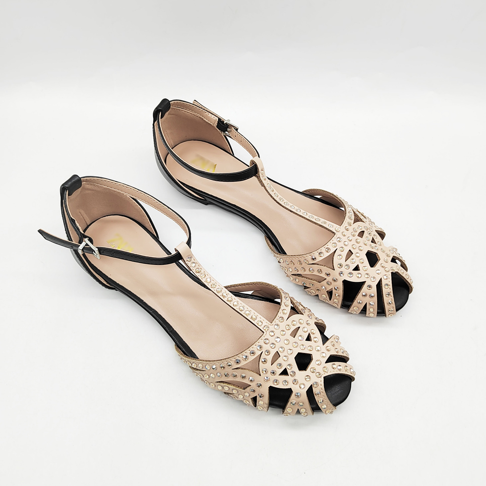 Damen Strass Dekor flache Sandalen, Geschlossene Zehe Hollow Out T-strap