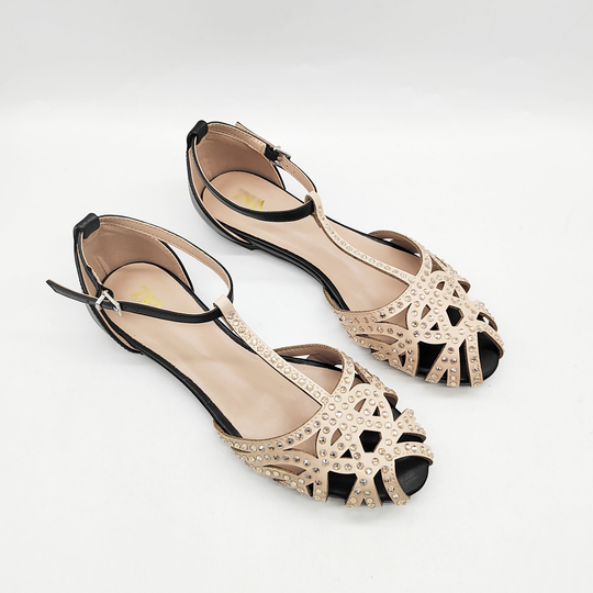 Damen Strass Dekor flache Sandalen, Geschlossene Zehe Hollow Out T-strap