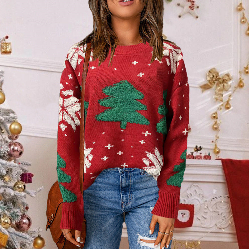 Festlicher Weihnachtspullover Damen mit grünem Baum- und Schneeflockendesign | Strick