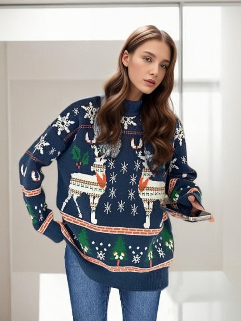 Rentier-Schneeflocke und Baum-Druck Weihnachtspullover Damen | Langarm