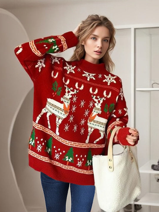 Rentier-Schneeflocke und Baum-Druck Weihnachtspullover Damen | Langarm