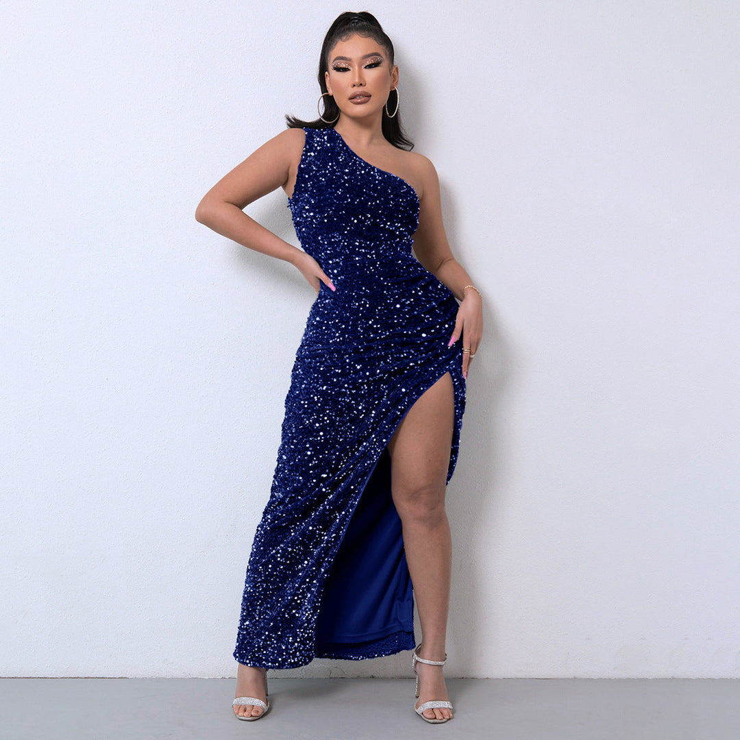 Damen Ein Schulter Paillettenkleid Mit Hohem Schlitz | Maxi
