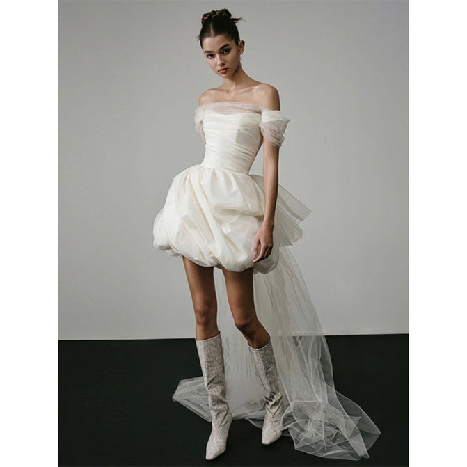 Damen Schulterfreies Plissiertes Brautkleid | Mini