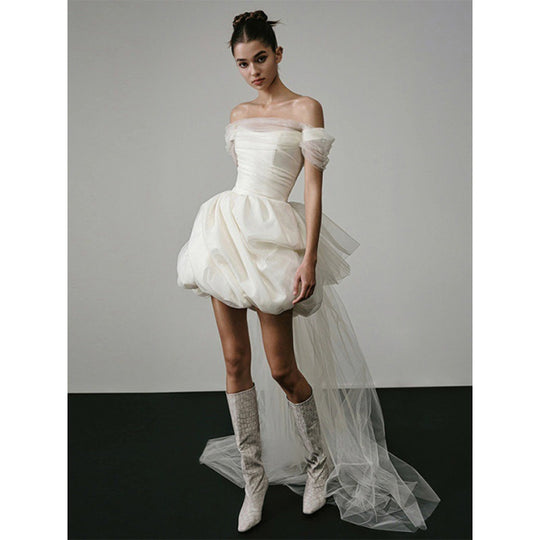 Damen Schulterfreies Plissiertes Brautkleid | Mini