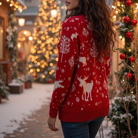Rollkragen-Winter Weihnachtspullover Damen mit Rentier und Schneeflocken-Design | Strick