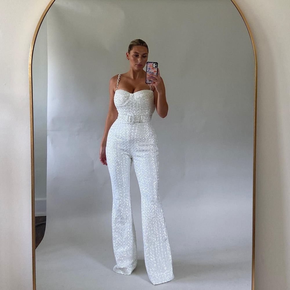 Klassischer Spaghettiträger Jumpsuit für Damen | Pailletten