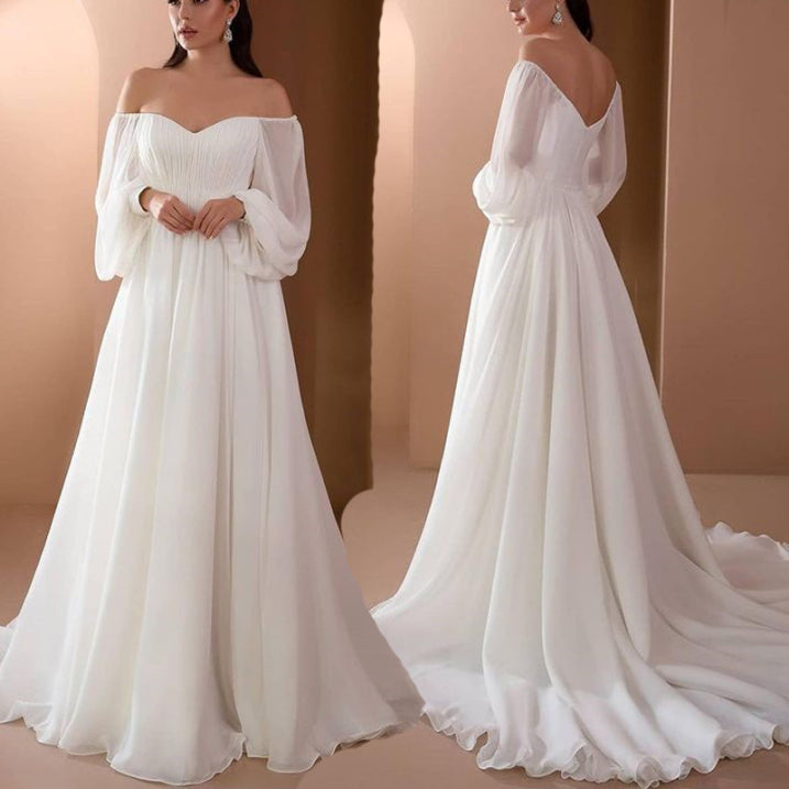 Damen Weiß Langärmelig mit Schlitz Brautkleid | Maxi