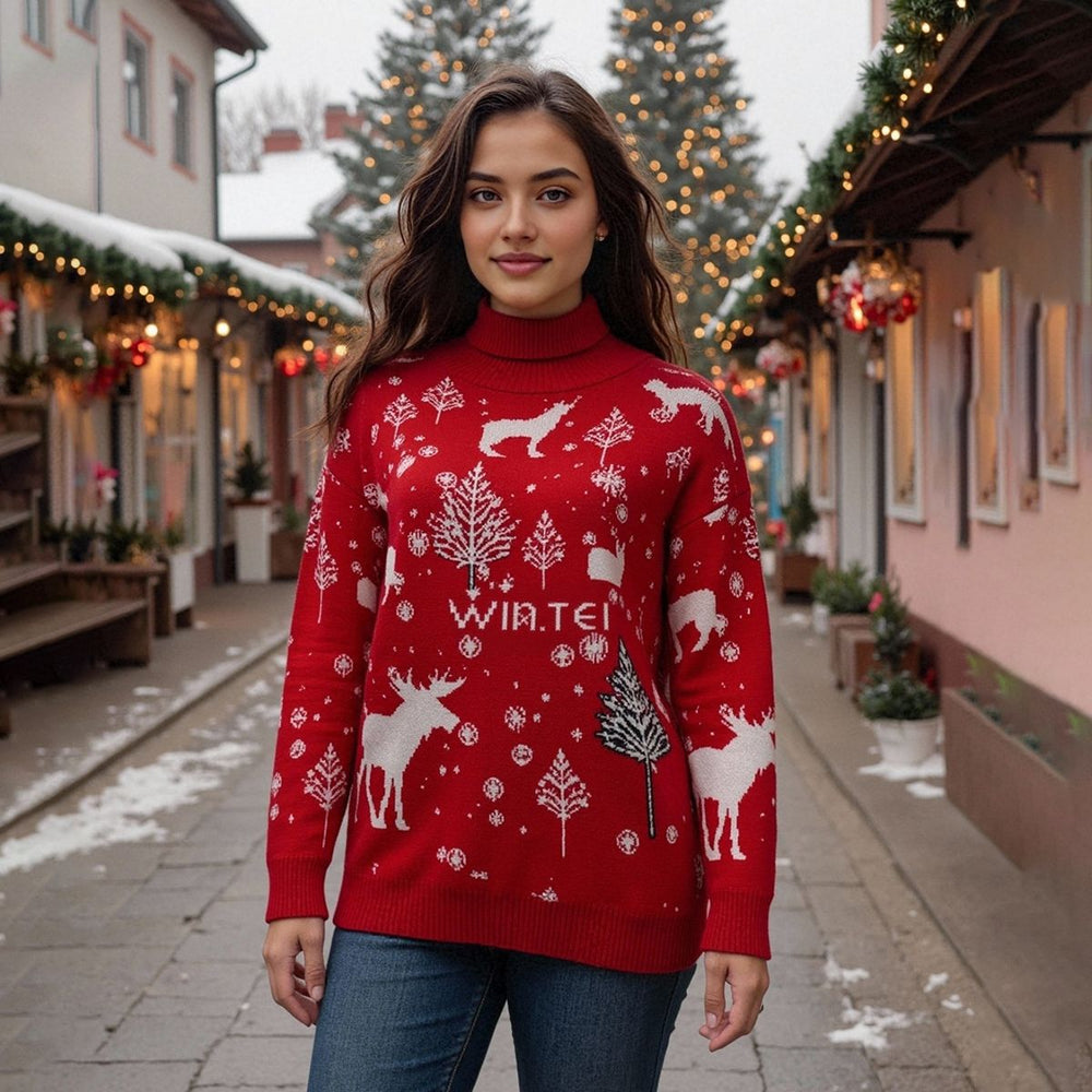 Rollkragen-Winter Weihnachtspullover Damen mit Rentier und Schneeflocken-Design | Strick