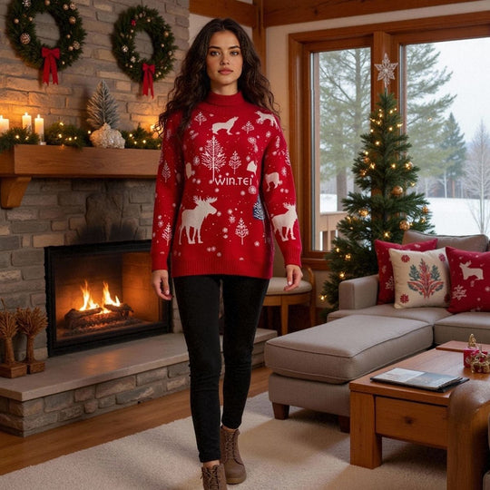 Rollkragen-Winter Weihnachtspullover Damen mit Rentier und Schneeflocken-Design | Strick