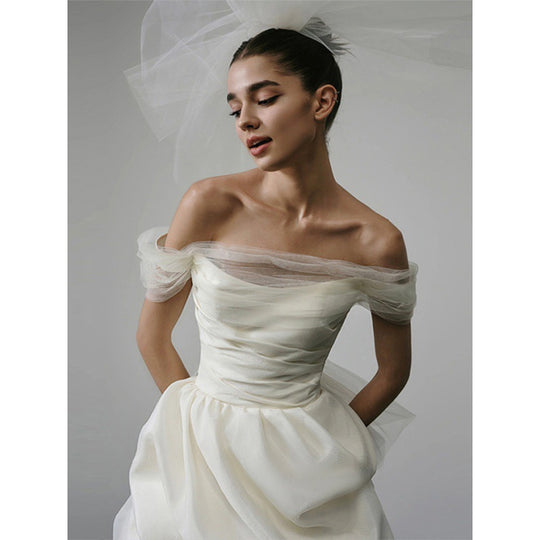 Damen Schulterfreies Plissiertes Brautkleid | Mini