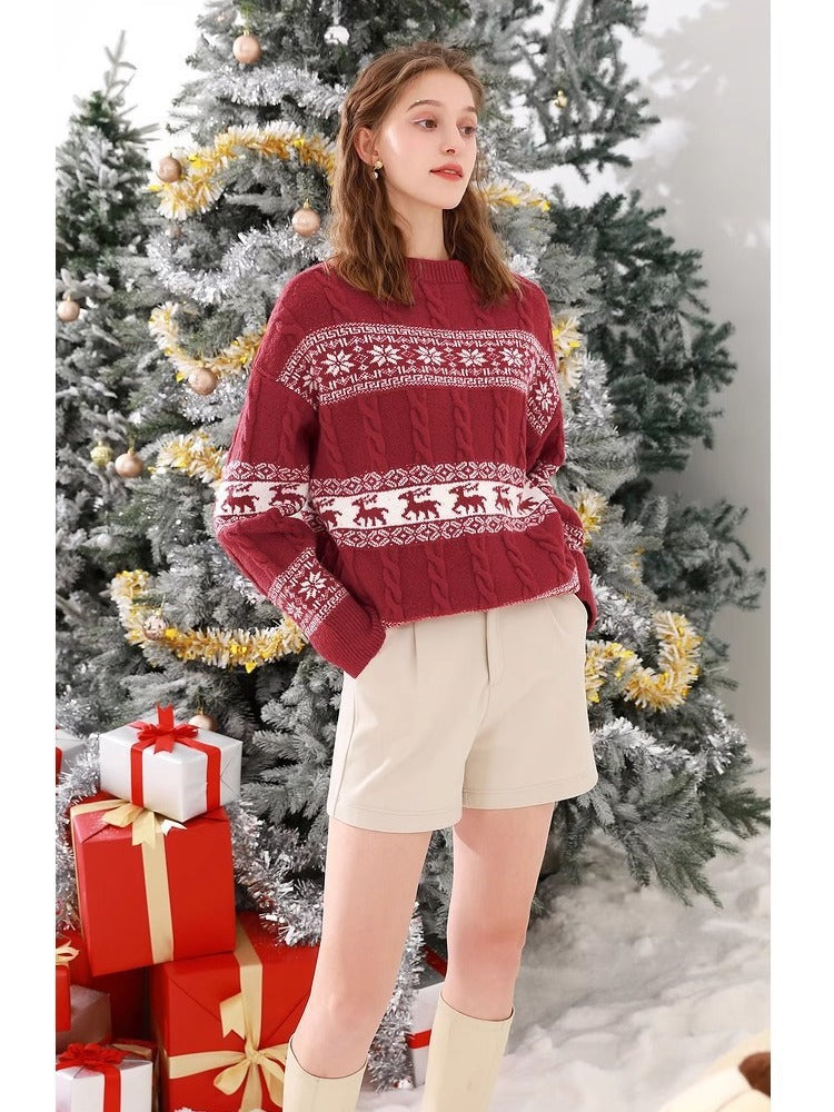 Strick Weihnachtspullover Damen | Rentier und Schneeflockendruck