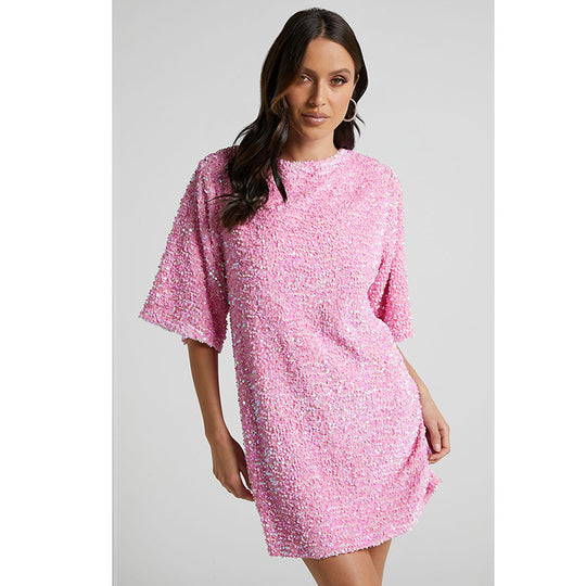 Kurzärmliges Paillettenkleid für Damen | Mini