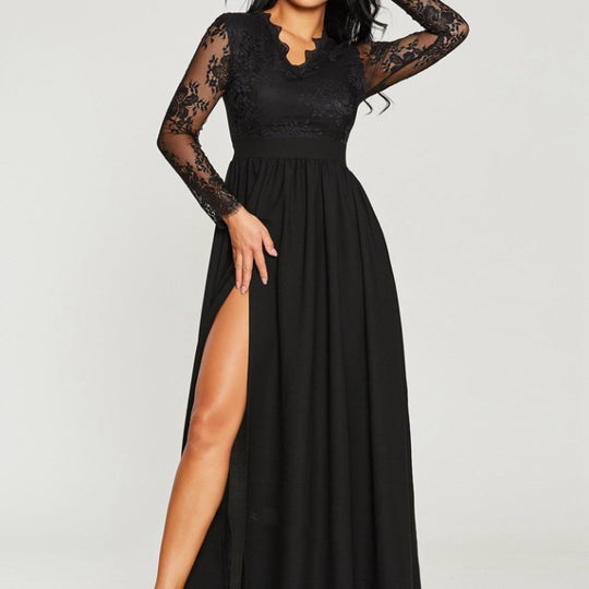 Schwarz Spitzenkleid Mit 3/4 Ärmeln Für Damen | Maxi