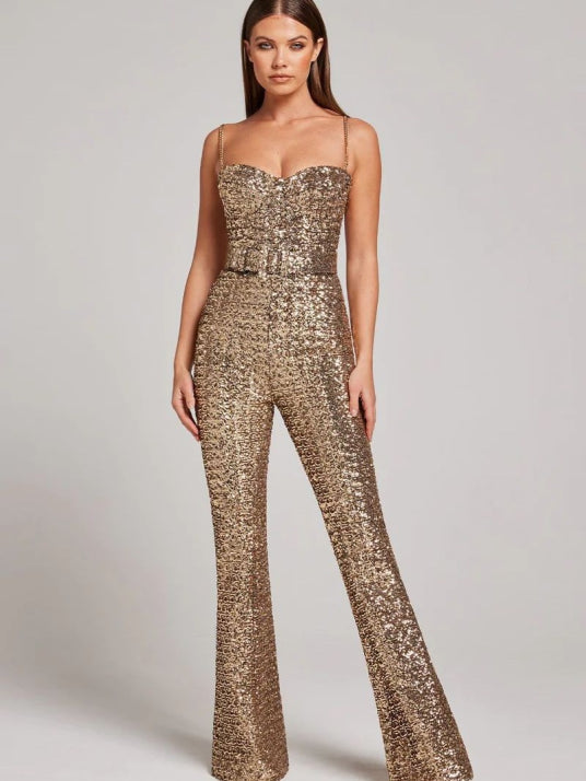 Klassischer Spaghettiträger Jumpsuit für Damen | Pailletten